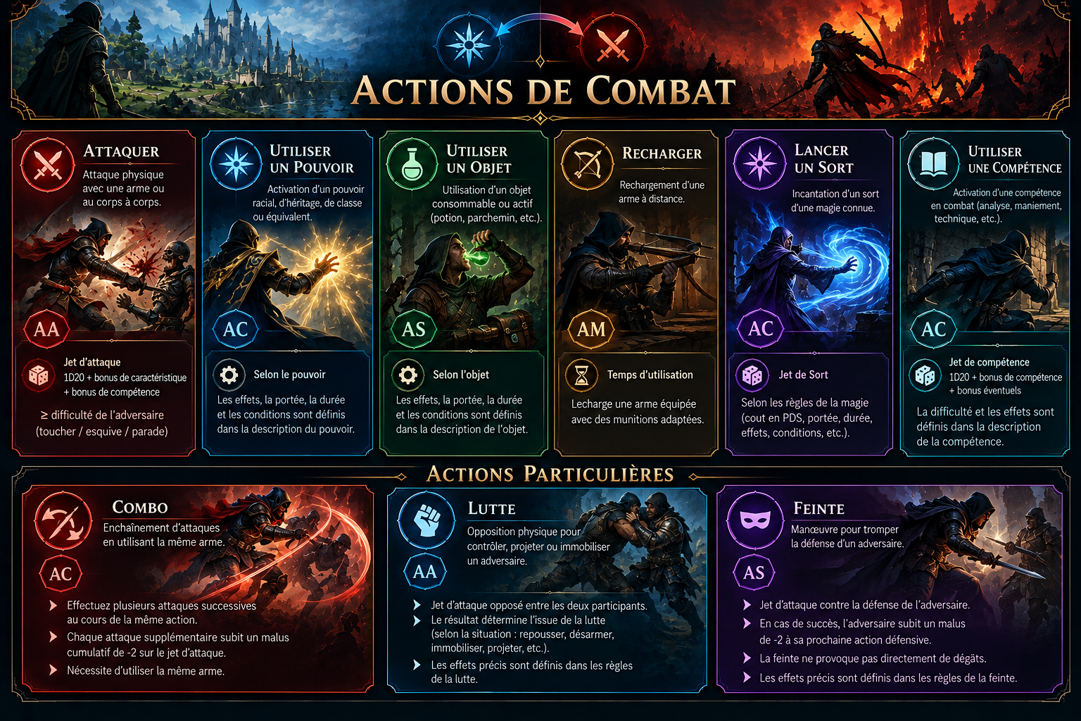 Synthèse des actions de combat : attaquer, utiliser un pouvoir ou un objet, recharger, lancer un sort, utiliser une compétence, combo, lutte et feinte.