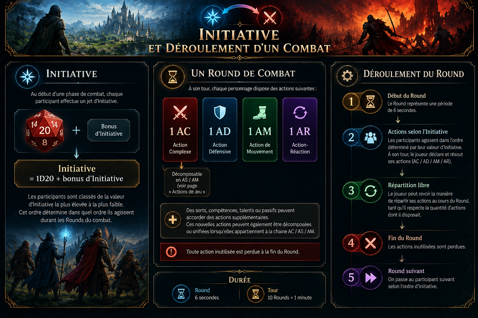 Synthèse de l’Initiative et du déroulement d’un combat : jet d’Initiative, actions disponibles pendant un Round, ordre de résolution et durée.