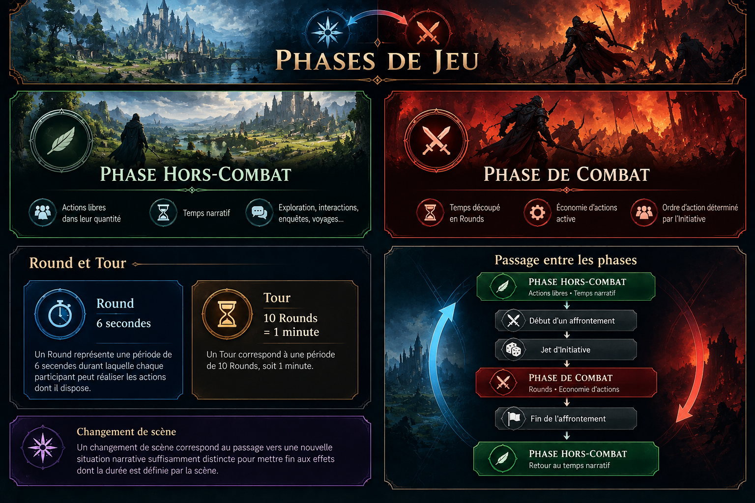 Synthèse des phases de jeu : phase hors-combat, phase de combat, Round, Tour, changement de scène et passage entre les phases.
